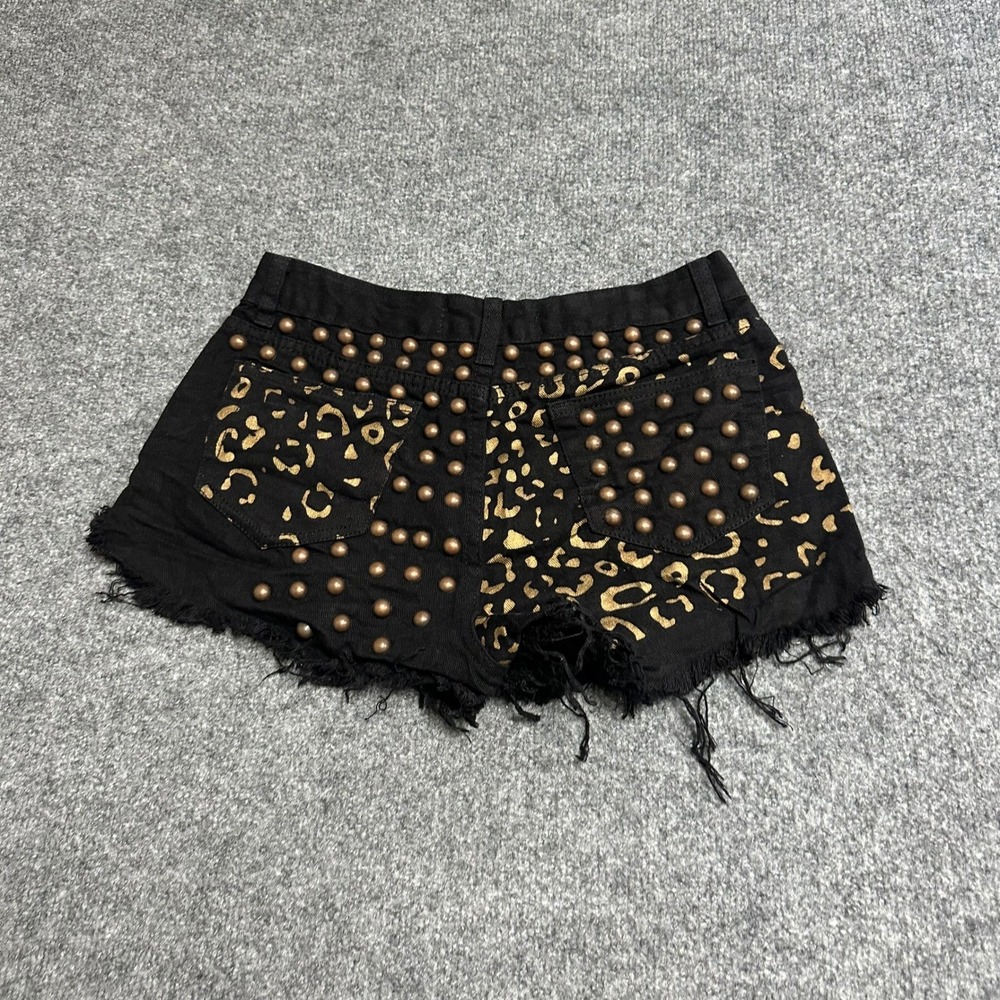 Th.reasa Shorts Womens Size L Black Gold Leopard Print Studded Distressed Denim